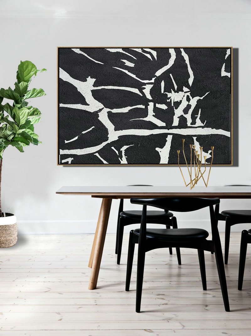 Acrylic Painting On Canvas,Oversized Horizontal Minimal Art On Canvas, Black And White Minimalist Painting - Big Canvas Painting
